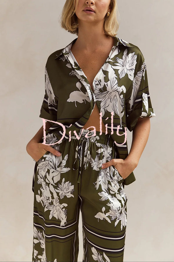 Fashionable Plant Print Loose Lapel Short Sleeve Shirt and Casual Elastic Waist Pocket Pants Set