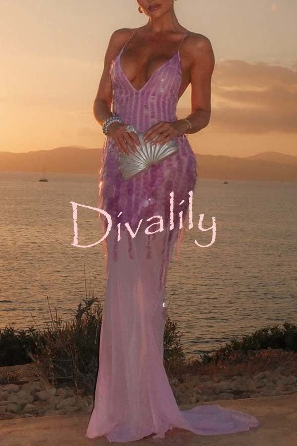 Perfect Night Sequin Embroidery Backless Drape Tulle Hem Slip Maxi Dress
