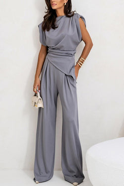 Jordy Ruched Shoulder Slit Top and Elastic Waist Pocketed Wide Leg Pants Set