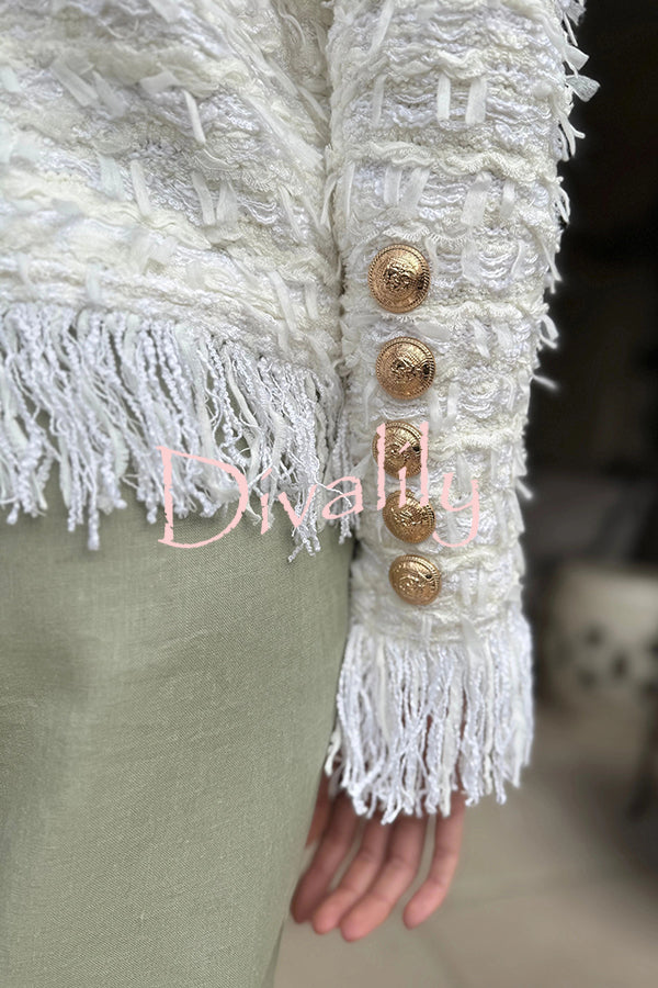 Solid Color Metal Button Long Sleeve Elegant Tassel Top