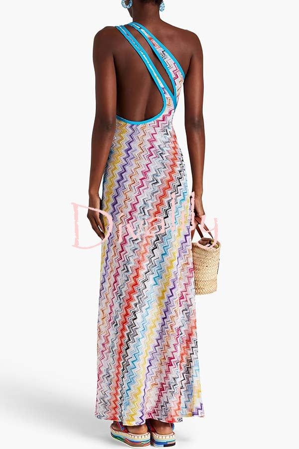 Ivanie Knit Colorful Zigzag Pattern One Shoulder Cutout Slit Maxi Dress