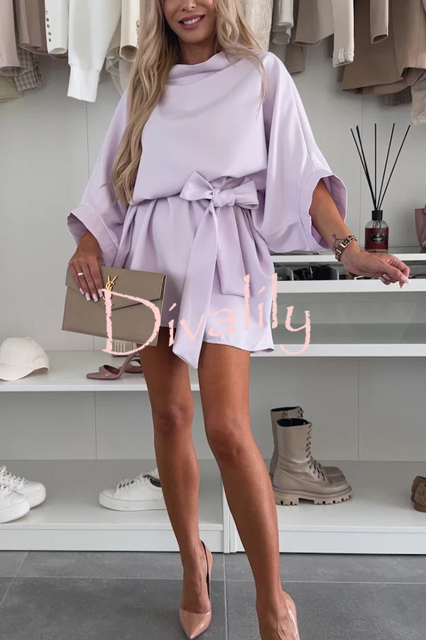 Solid Color Loose Round Neck Belted Mini Dress