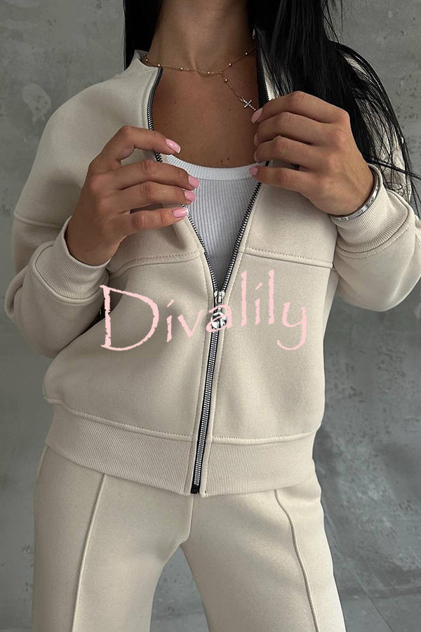 Solid Color Casual Long Sleeve Zipper Jacket and Elastic Waist Pocket Wide Leg Pants Set