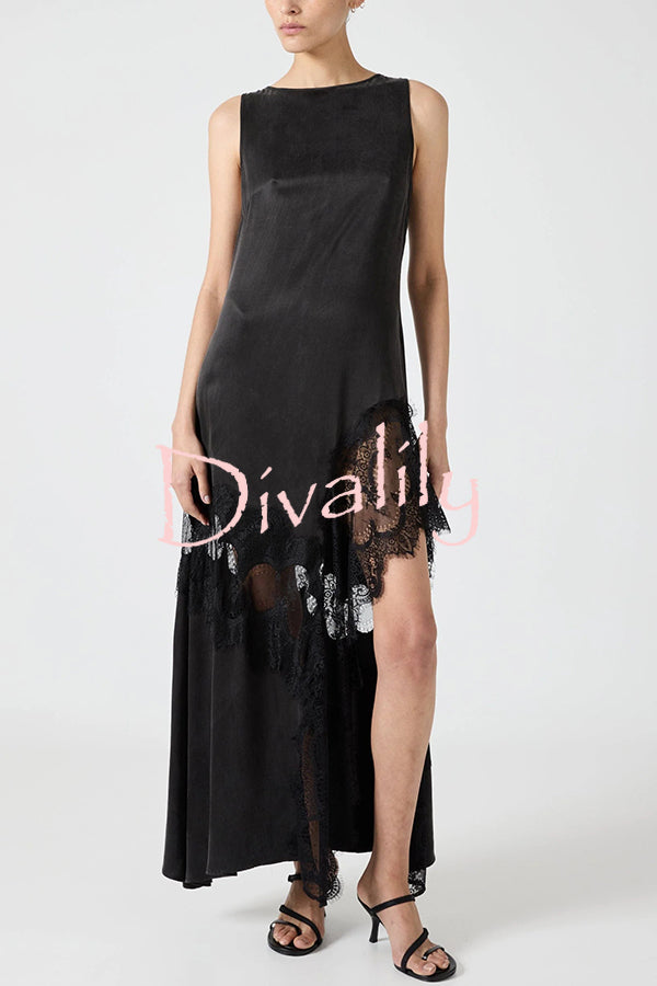 Pretty Soul Satin Lace Trim Wide Neck Irregular Hem Slit Maxi Dress