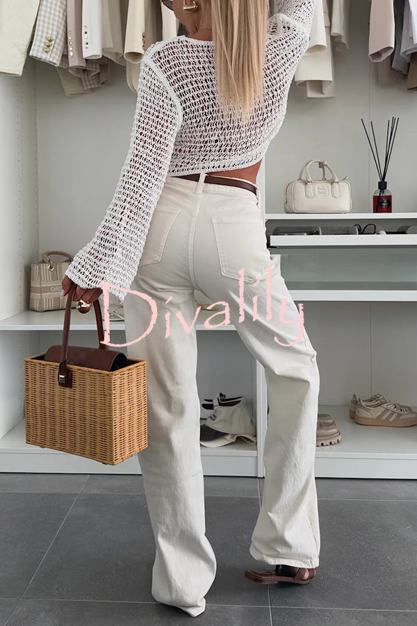 Fashion Knitted Hollow Long Sleeve Round Neck Holiday Cover Up