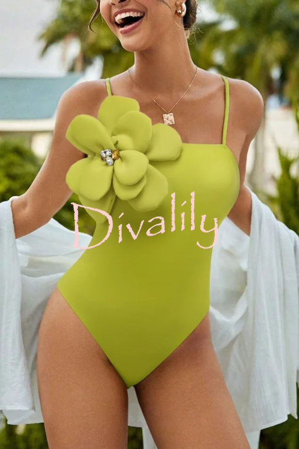 Solid Color Large Flower Decoration Sling Stretch One-piece Swimsuit