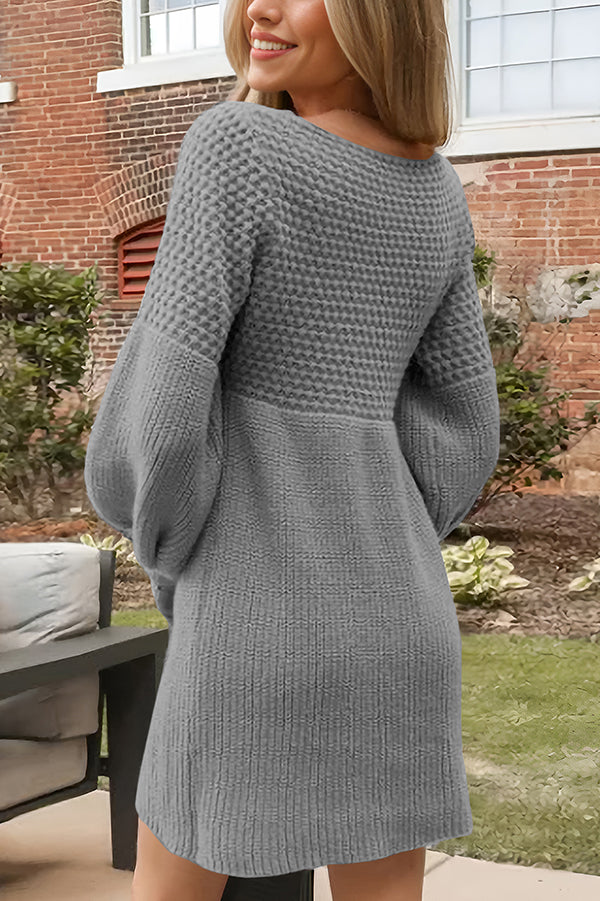 Solid Color V-neck Puff Sleeve Casual Knitted Mini Dress