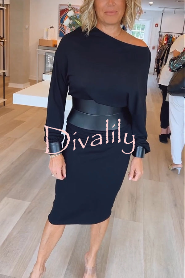 Winston Faux Leather Patchwork Wide Belt Design One Shoulder Stretch Midi Dress