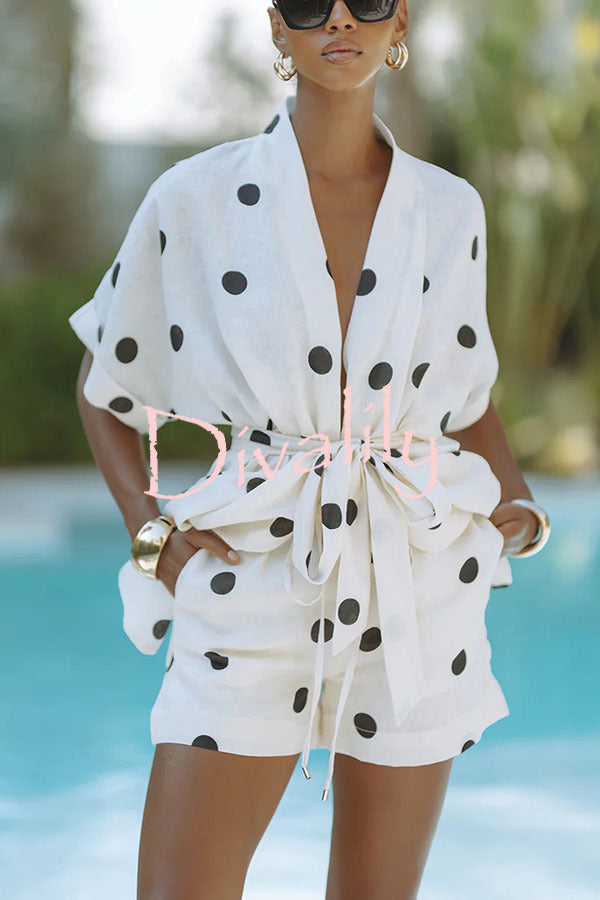 Playful Linen Blend Polka Dot Tie-up Kimono Top and Elastic Waist Pocket Shorts Set