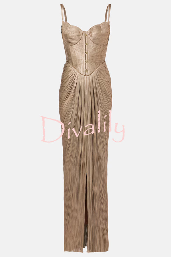 Vegas Queen Metallic Pleated Sculpted Bodice Back Lace-up Drape Maxi Dress