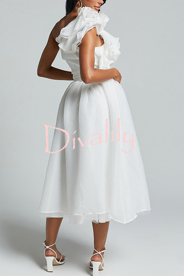 Romantic Seaside One Shoulder Frill Detail Sleeve Layered Midi Dress