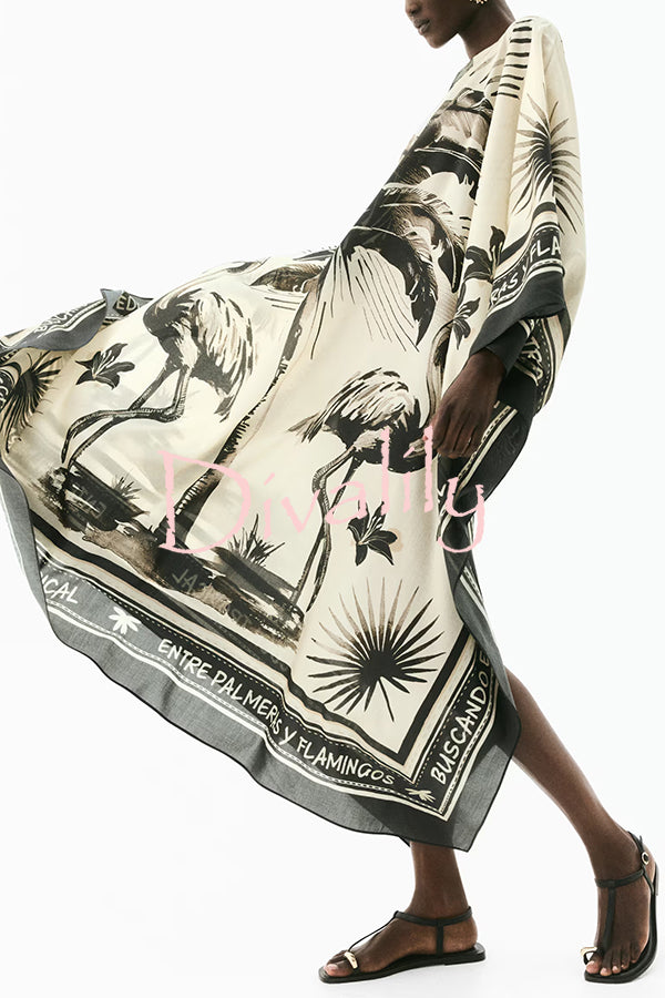 Flora Flamingo Print V-neck Loose Holiday Maxi Dress
