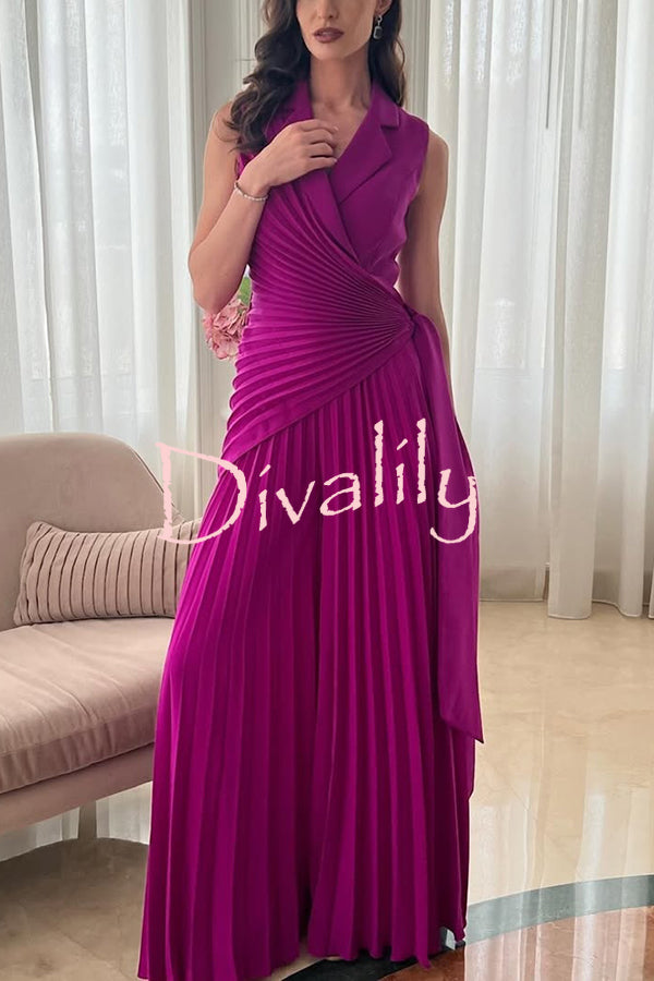 Solid Color Lapel Sleeveless Waist Tie Pleated Wide-leg Jumpsuit