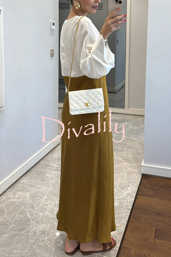 Lainei Contrast Color Satin Lace Trim V-neck Long Sleeve Maxi Dress