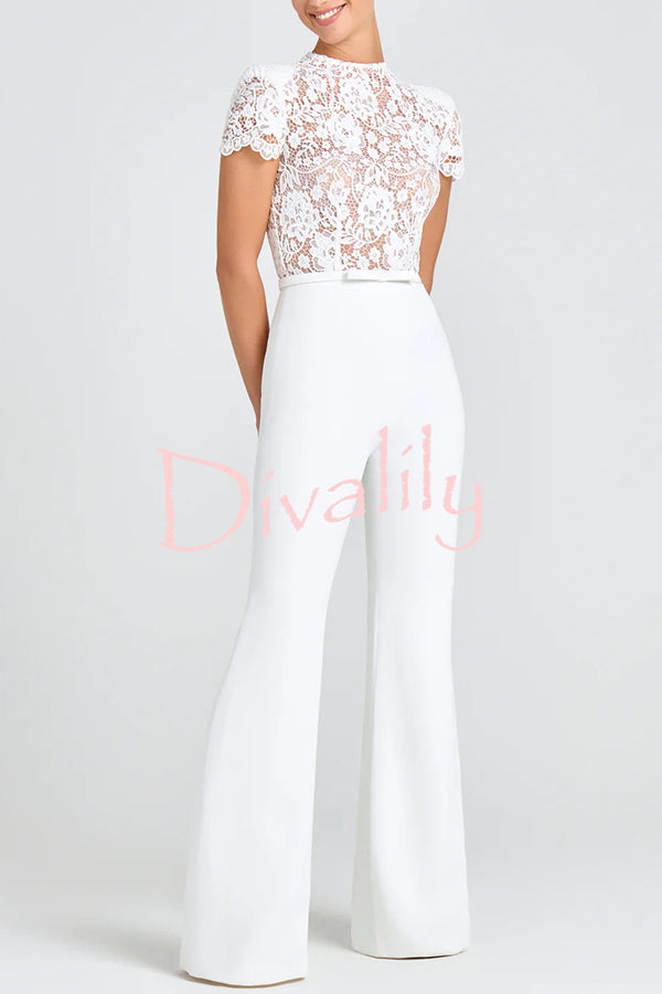 Party Charmer Flower Lace Patchwork Short Sleeve Bow Belted Flare Jumpsuit
