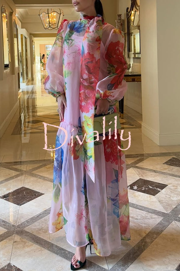 Garden Blooms Organza Floral Print Tie-up Neck Balloon Sleeve Loose Maxi Dress