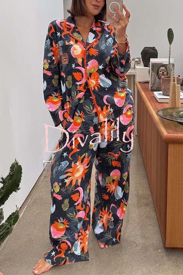 Evening Routine Unique Print Color-block Trim Loose Shirt and Elastic Waist Pocketed Pajama Set