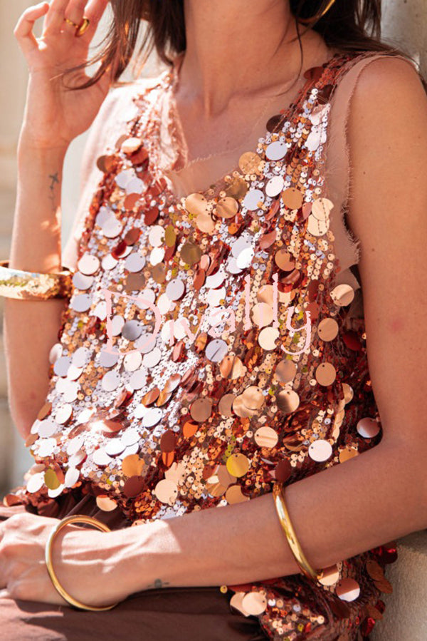 Fashionable Sequined Round Neck Sleeveless Loose Vest