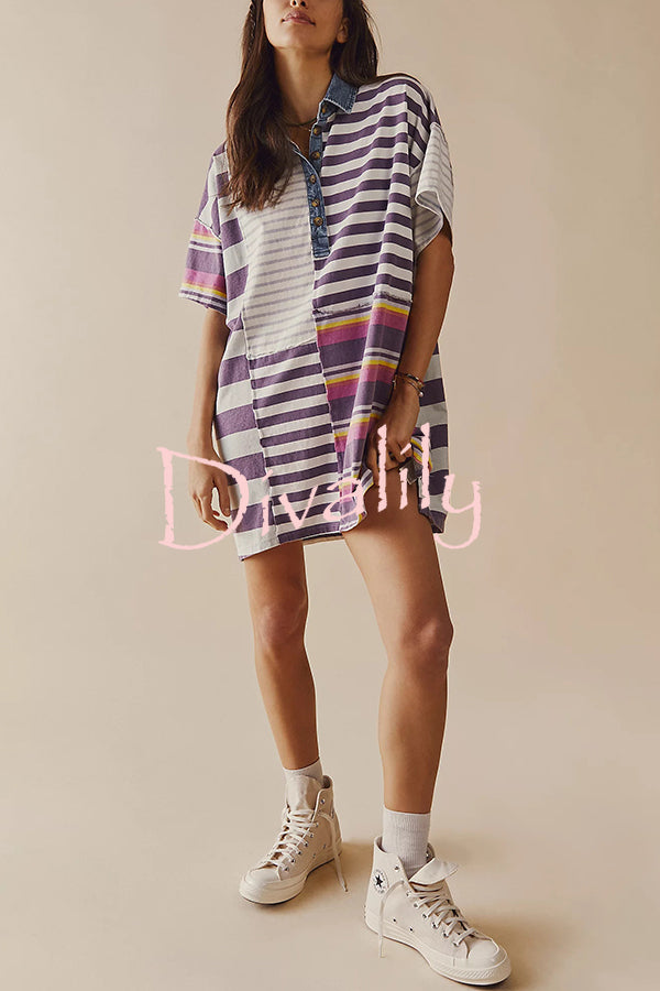 Contrast Striped Patchwork Denim Lapel Loose Casual Mini Dress