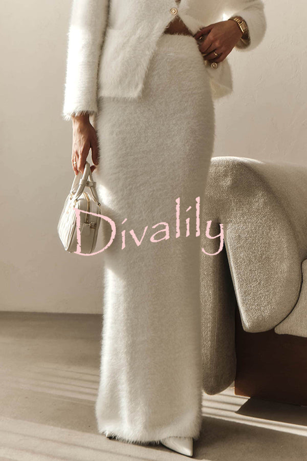 Solid Color Long-sleeved Button-pocket Knitted Jacket and Elegant Long Skirt Set