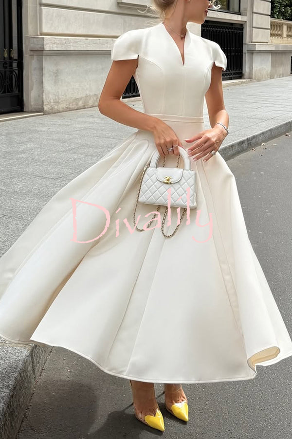 Solid Color V-neck Waist Elegant Full Hem Maxi Dress