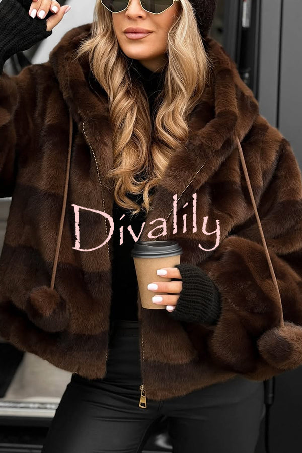 Winter Latte Gradient Print Ribbed Balloon Sleeve Hooded Loose Plush Coat