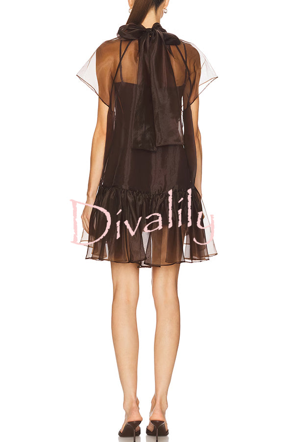 Cocktail Attire Sheer Organza Wide Sleeve Back Bow Layered A-line Mini Dress