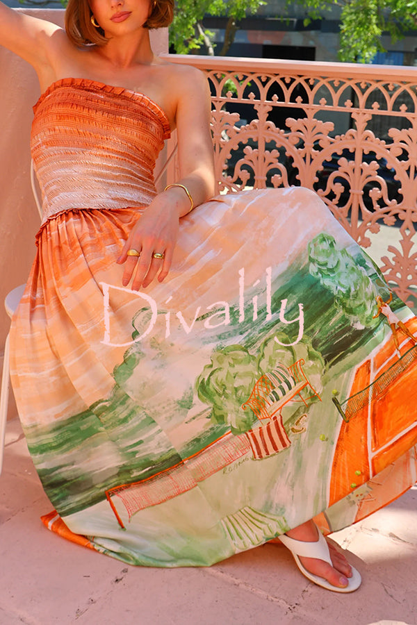 Fairy Tale Town Sunset Unique Print Off Shoulder Smocked Maxi Dress