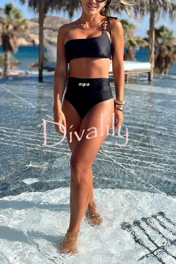 Solid Color One-shoulder High Waist Stretch Bikini Swimsuit