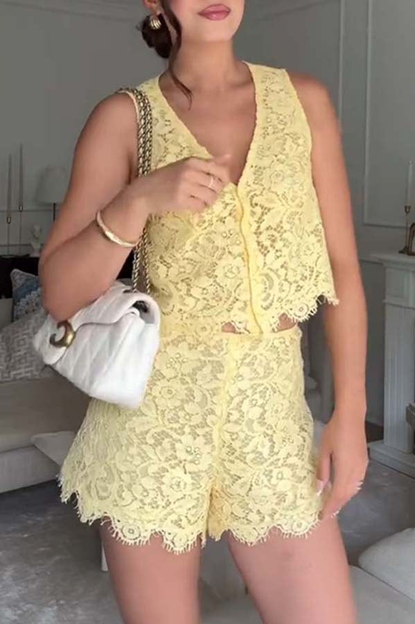 Cute in Butter Floral Lace Button Up Vest and Mid Rise Shorts Set