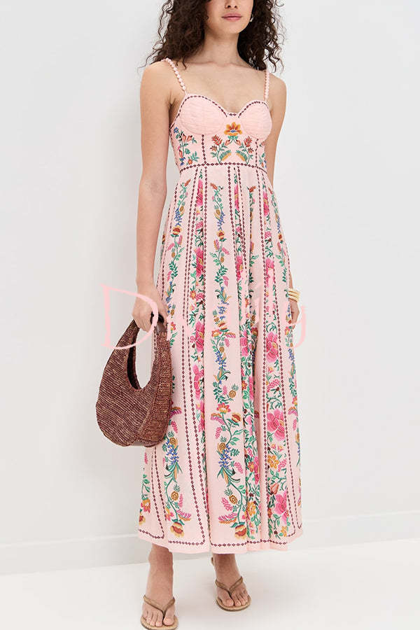 Linen Blend Delicate Forest Unique Print Sweetheart Neck Beaded Straps Maxi Dress