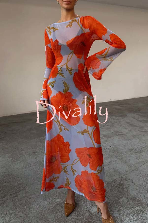 Perfect Cross-season Mesh Poppy Flower Print Long Sleeve Stretch Maxi Dress
