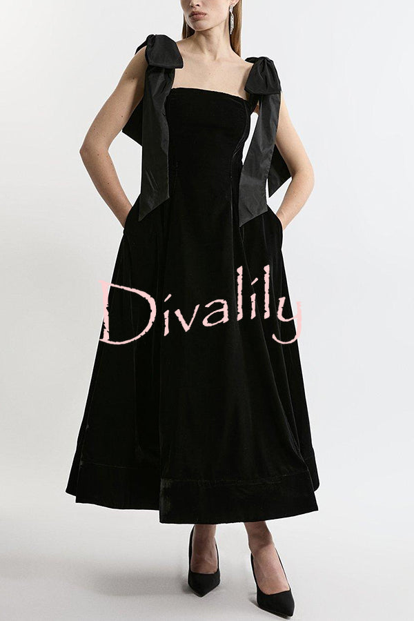 Romantic Type Velvet Bandeau Taffeta Bow Strap Pocketed Prom Maxi Dress