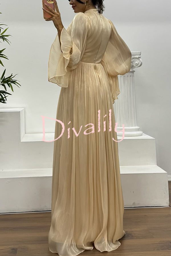 Ellah Shiny Fabric Chinese Stand Collar Twist Waist Balloon Sleeve Maxi Dress