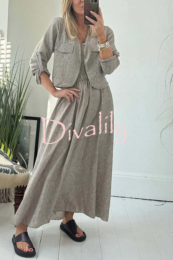 Solid Color Casual Short Jacket and Suspender Pleated Maxi Dress Set