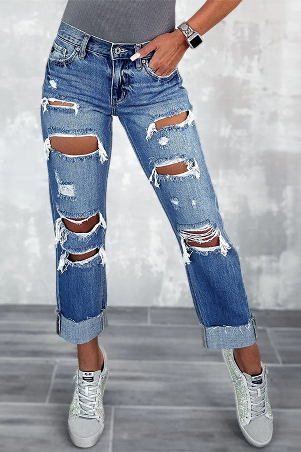 Lucy High Rise Distressed Pocketed Cuffed Hem Straight Leg Denim