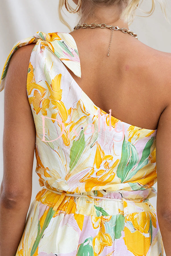 Soleila Floral Print One Shoulder Tie-up Crop Top and Elastic Waist Pocket Loose Pants Set