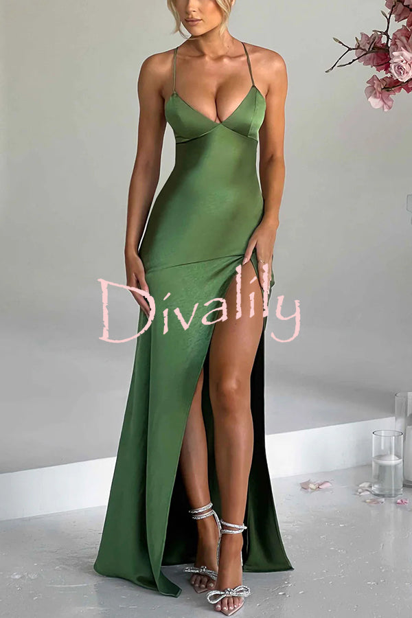 Satin Solid Color Sexy Backless Lace Up High Slit Maxi Dress