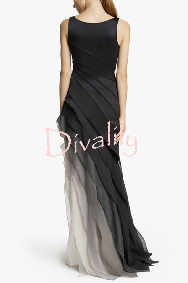 Elegant and Mysterious Tulle Gradient Cascading Design Gown Maxi Dress