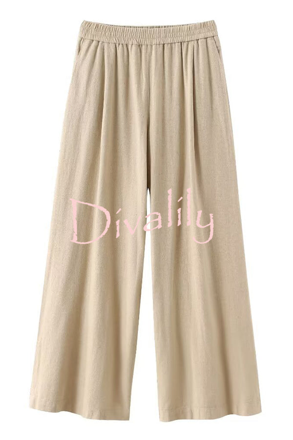Solid Color Loose Casual Shirt and Elastic Waist Pocket Wide Leg Pants Set