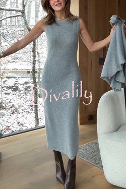 Soft and Warm Cashmere Ribbed Knit Sleeveless Midi Sweater Dress