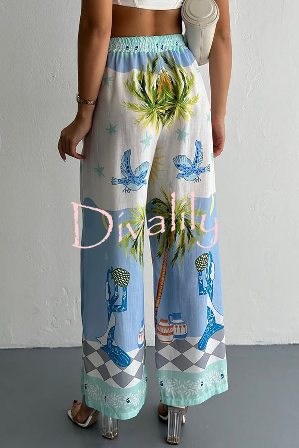 Holiday Style Print Loose Long Sleeve Shirt and Elastic Waist Loose Pocket Wide Leg Pants Set