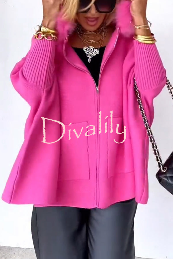 Warm Call Knit Long Sleeve Zipper Plush Hooded Pocket Loose Cardigan