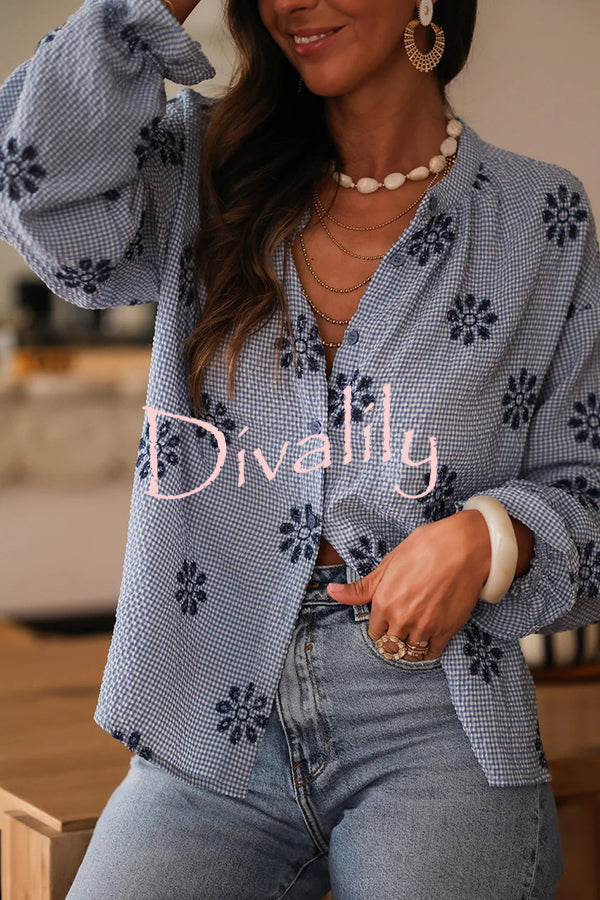 Fashionable Embroidered Floral Casual Long-Sleeved Loose Top