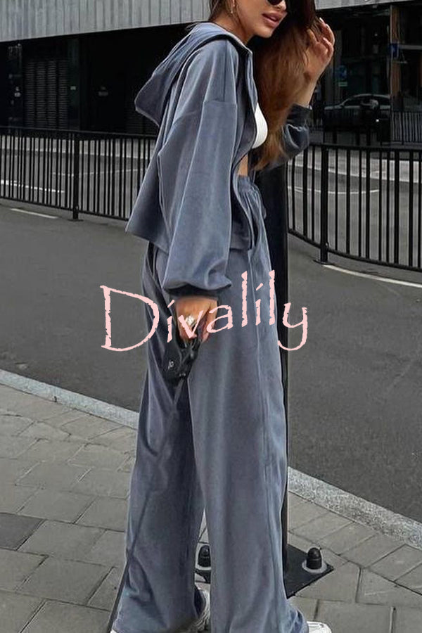 Velvet Casual Zip-up Hooded Top and Elastic Waist Wide Leg Pants Set