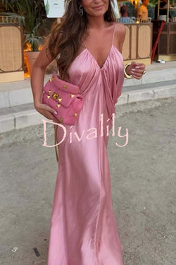 Venus Satin V-neck Draped Pleated Slip Loose Maxi Dress