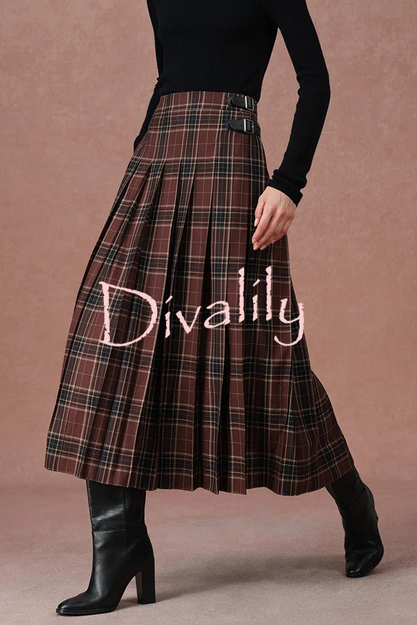 Yehudit Plaid Belt Buckle Design High Rise Pocket Midi Umbrella Skirt