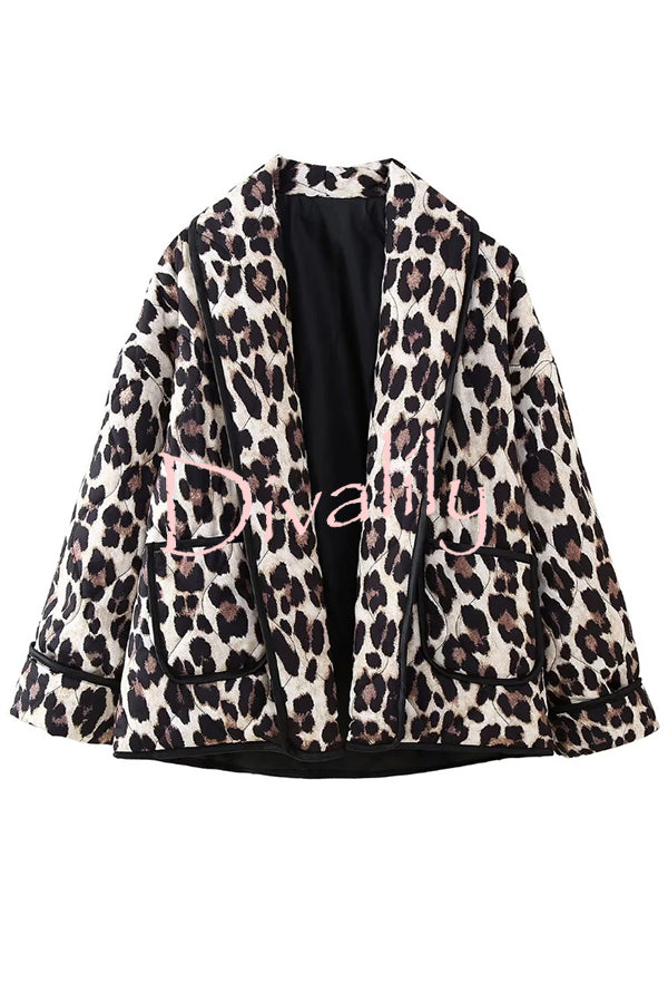 Leopard Print Loose Lapel Pocket Jacket