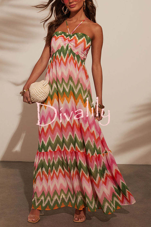 Colorful Zigzag Pattern Halter Backless Pleated Holiday Maxi Dress
