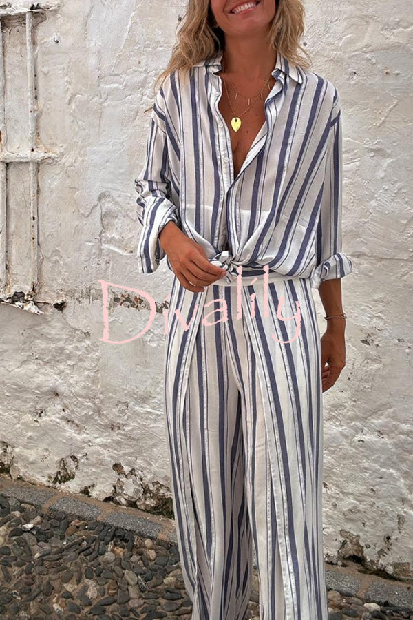 Gian Striped Print Loose Shirt and Back Elastic Waist Slit Pants Set